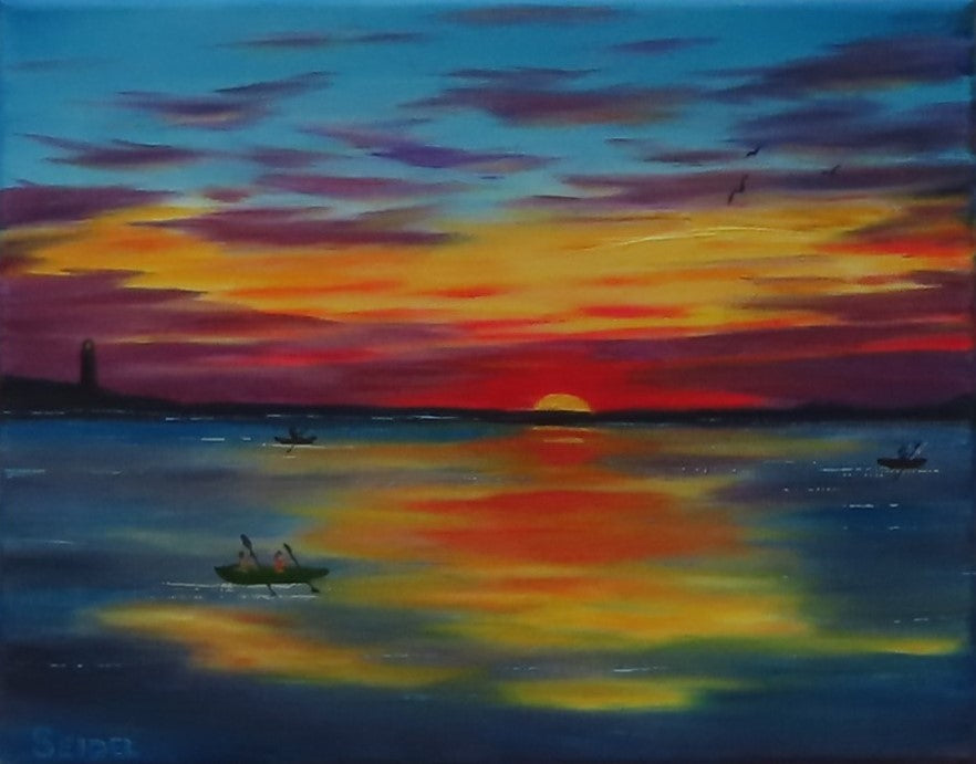 original oil painting, kayakers on ocean at sunset, unframed