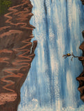 original oil painting, waterfalls, cliffs with trail, tiny bird, unframed, closeup of bird