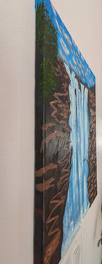 original oil painting, waterfalls, cliffs with trail, tiny bird, unframed, view of painted left side