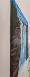original oil painting, waterfalls, cliffs with trail, tiny bird, unframed, view of painted left side