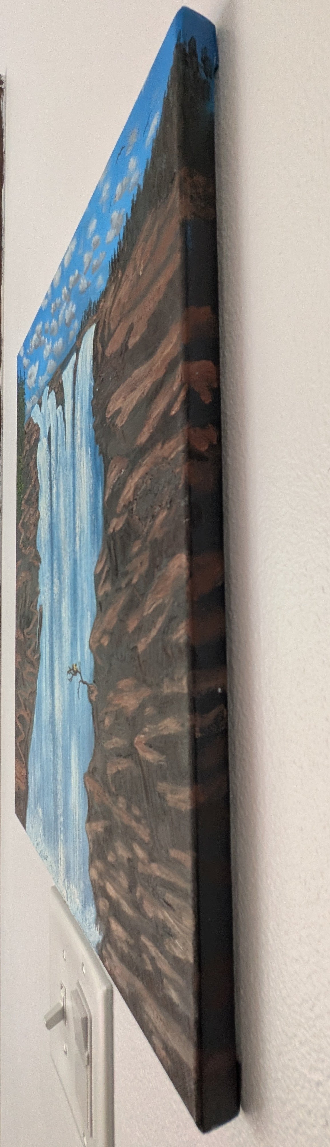 original oil painting, waterfalls, cliffs with trail, tiny bird, unframed, view of painted right side