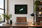 11x14" Original oil painting of a beluga whale in emerald colored ocean, framed, displayed in an office