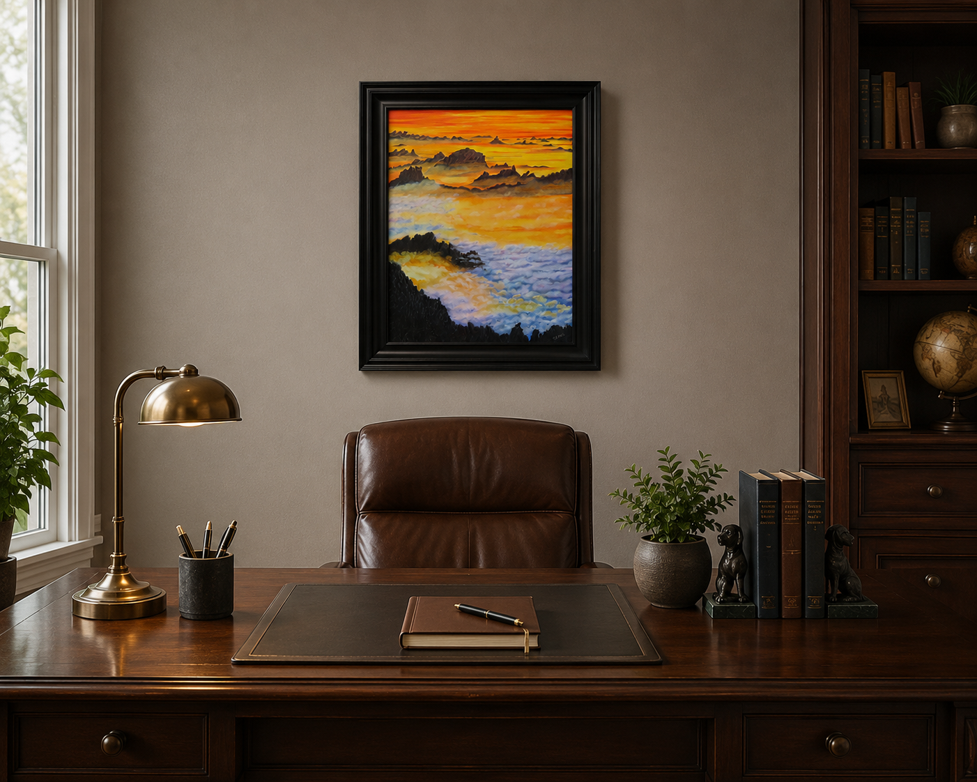 original oil painting, fog, lake, Denali mountains, framed, behind desk