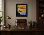original oil painting, fog, lake, Denali mountains, framed, behind desk