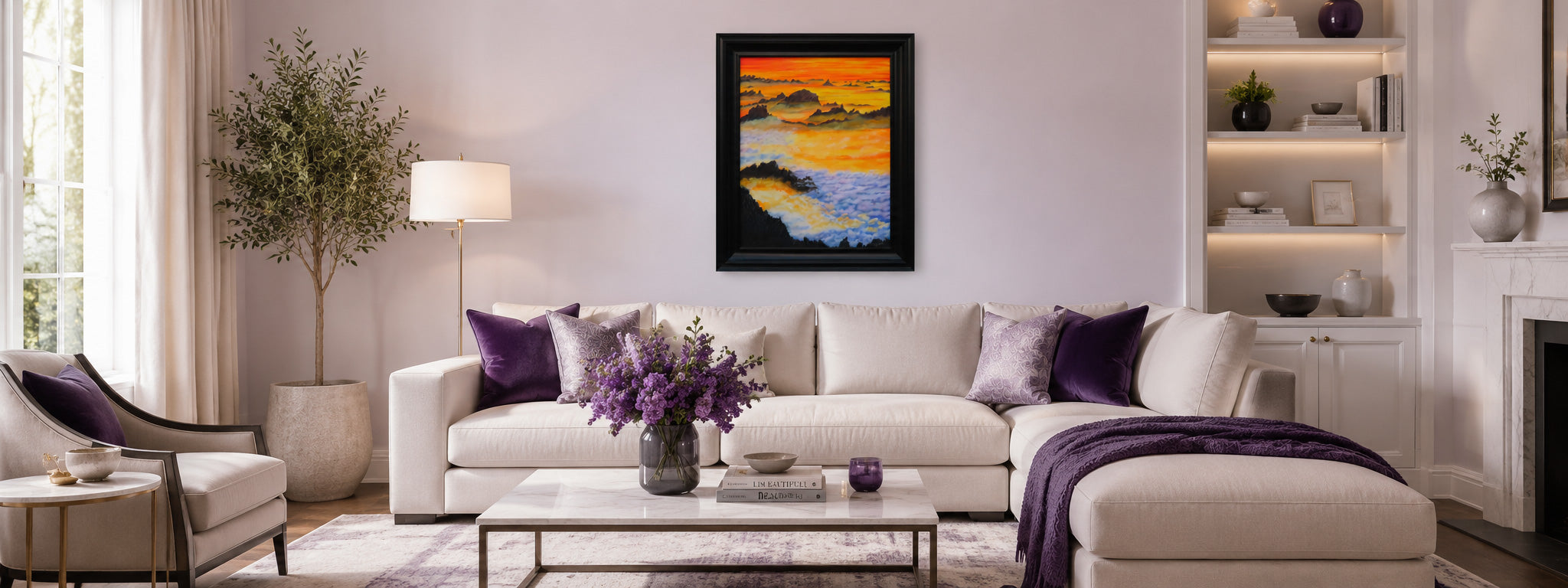 original painting by firefly art shown above a couch in a living room