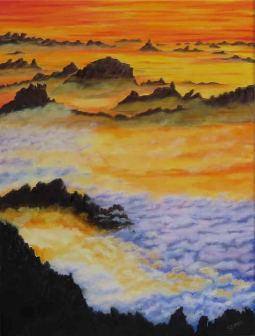 18x24" original oil painting of brilliant sunset sky with mountains rising out of layers of clouds unframed