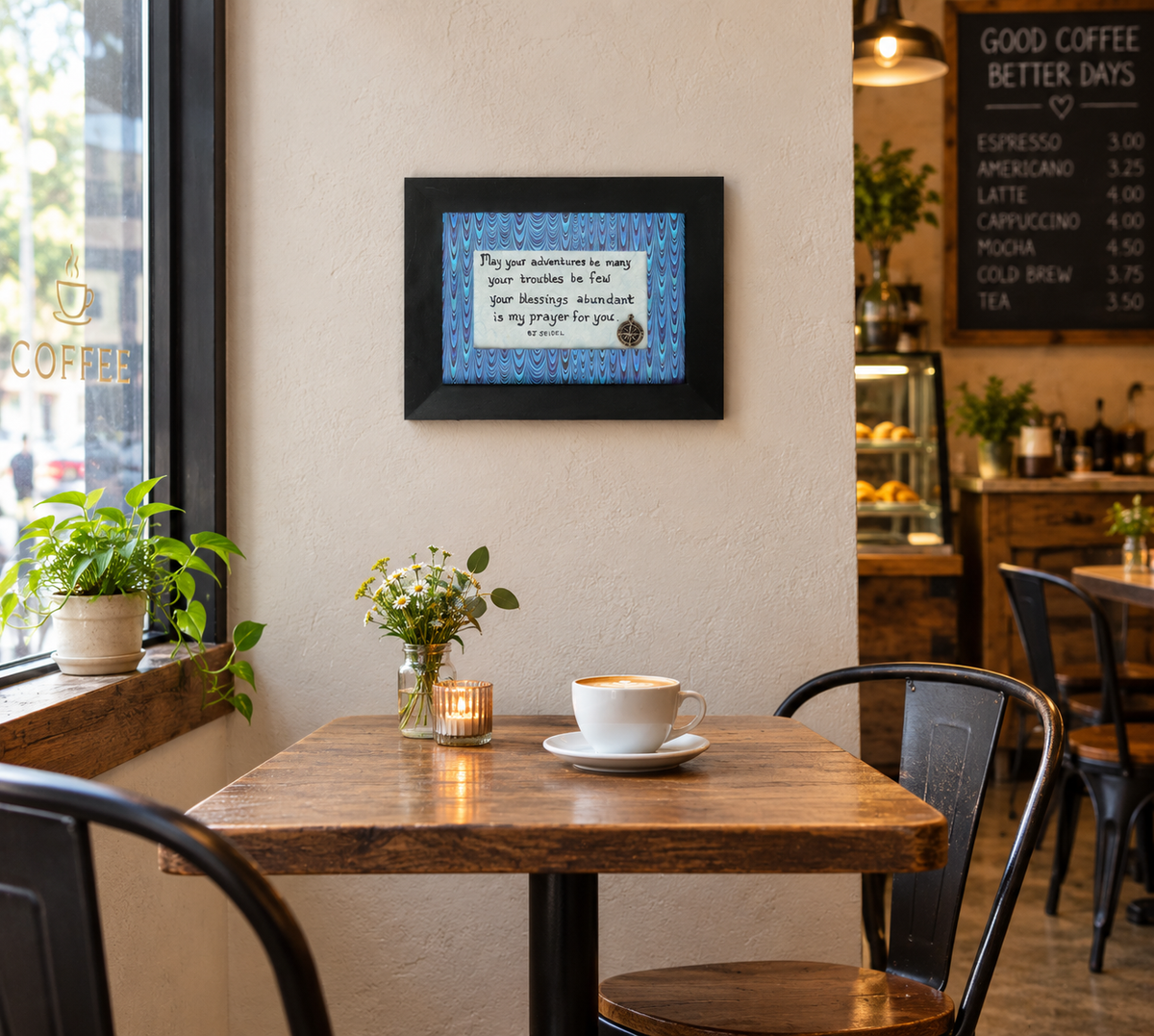 5x7" original inspirational quote hand written on handmade paper, included is a small compass charm and a handmade padded multicolor mat, mounted in a modern black frame, shown in a cafe