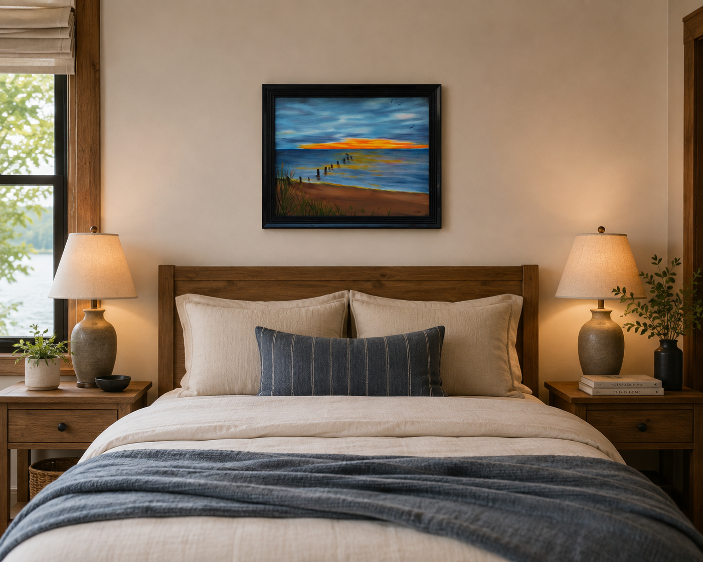 12x16 original oil painting of beach and sunset scene right after the rainstorm, displayed over bed