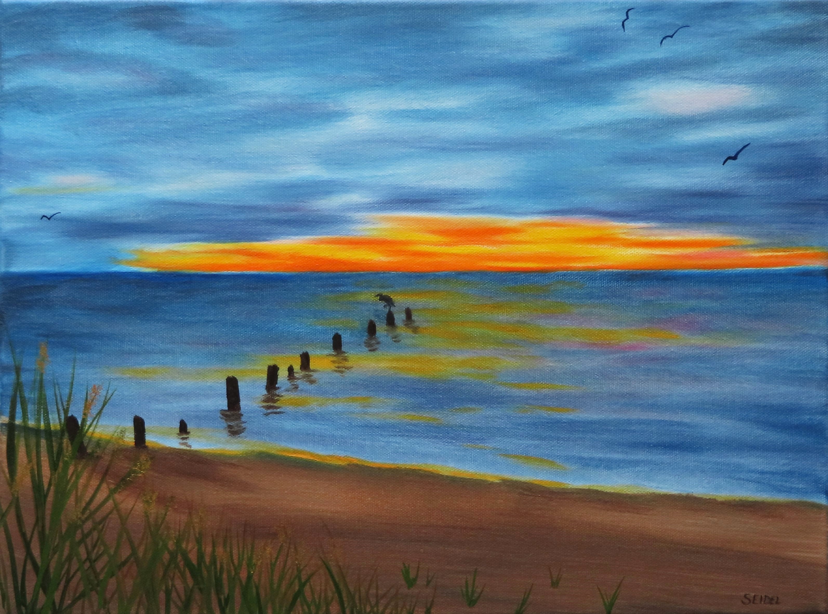 12x16 original oil painting of beach and sunset scene right after the rainstorm