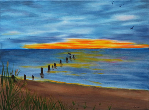 12x16 original oil painting of beach and sunset scene right after the rainstorm