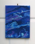 9x12" original abstract acrylic poured painting of an alien landscape in rich blues, purples and white accents, can be displayed in different directions.