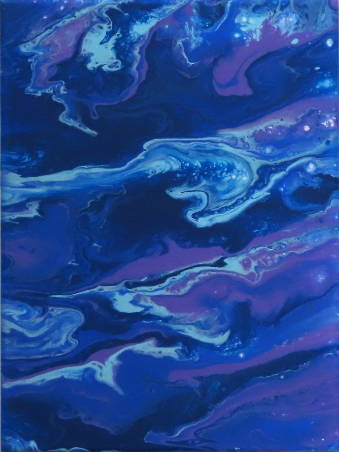 9x12" original abstract acrylic poured painting of an alien landscape in rich blues, purples and white accents, can be displayed in different directions. Shown on dark background. 