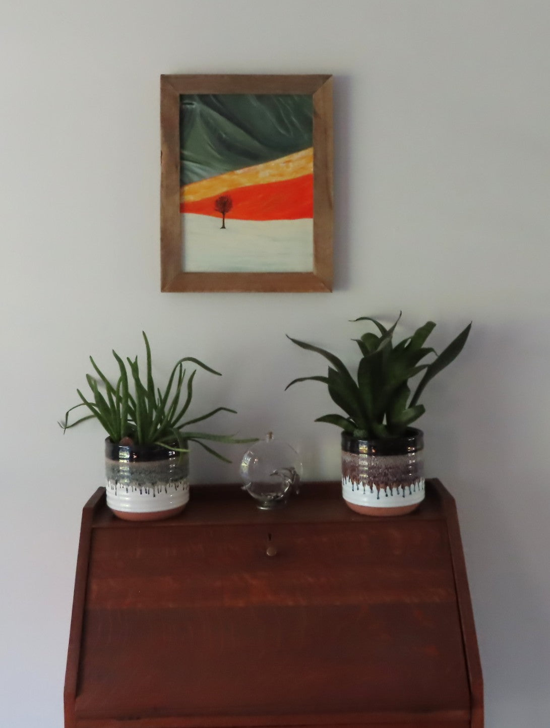 original acrylic painting, impasto, handmade wood frame, lone tree in colorful desert, secretary desk