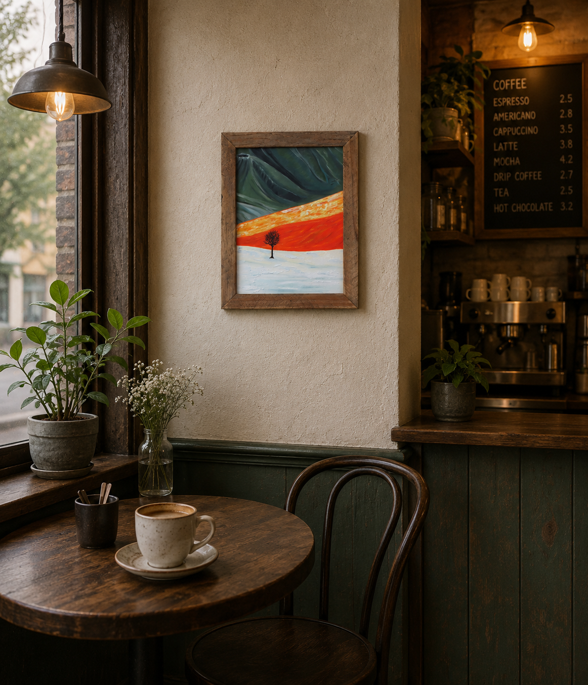 11x14 original acrylic painting, impasto, handmade wood frame, lone tree in colorful desert, pictured over a cafe table