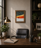 11x14 original acrylic painting, impasto, handmade wood frame, lone tree in colorful desert, displayed behind office desk
