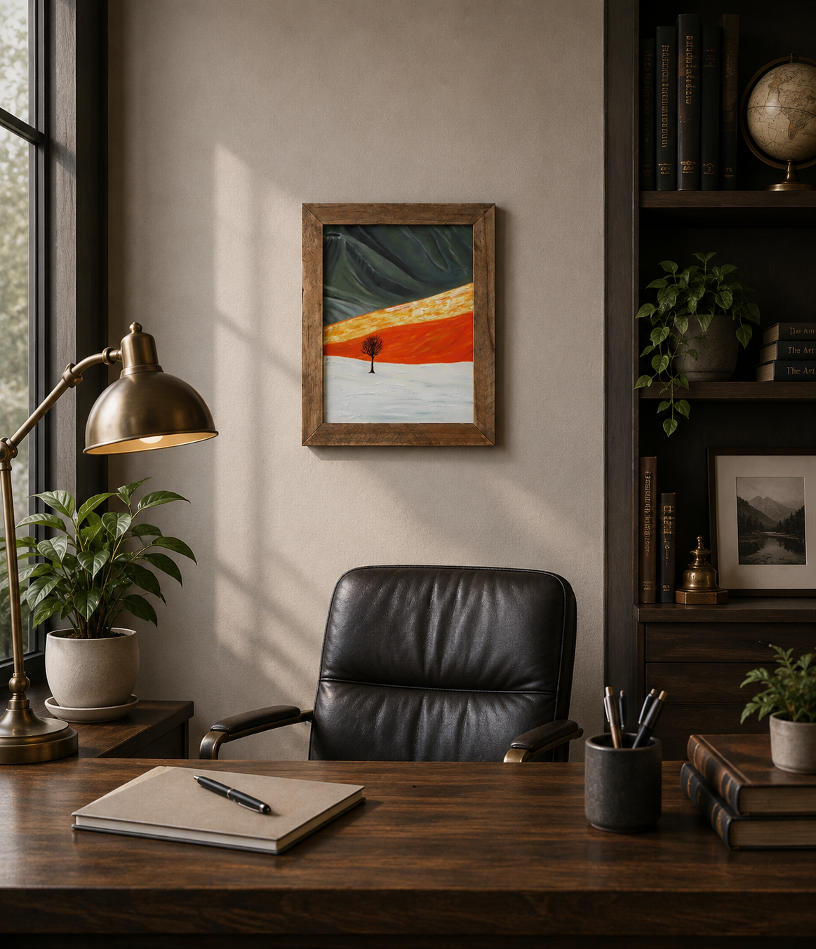 11x14 original acrylic painting, impasto, handmade wood frame, lone tree in colorful desert, displayed behind office desk