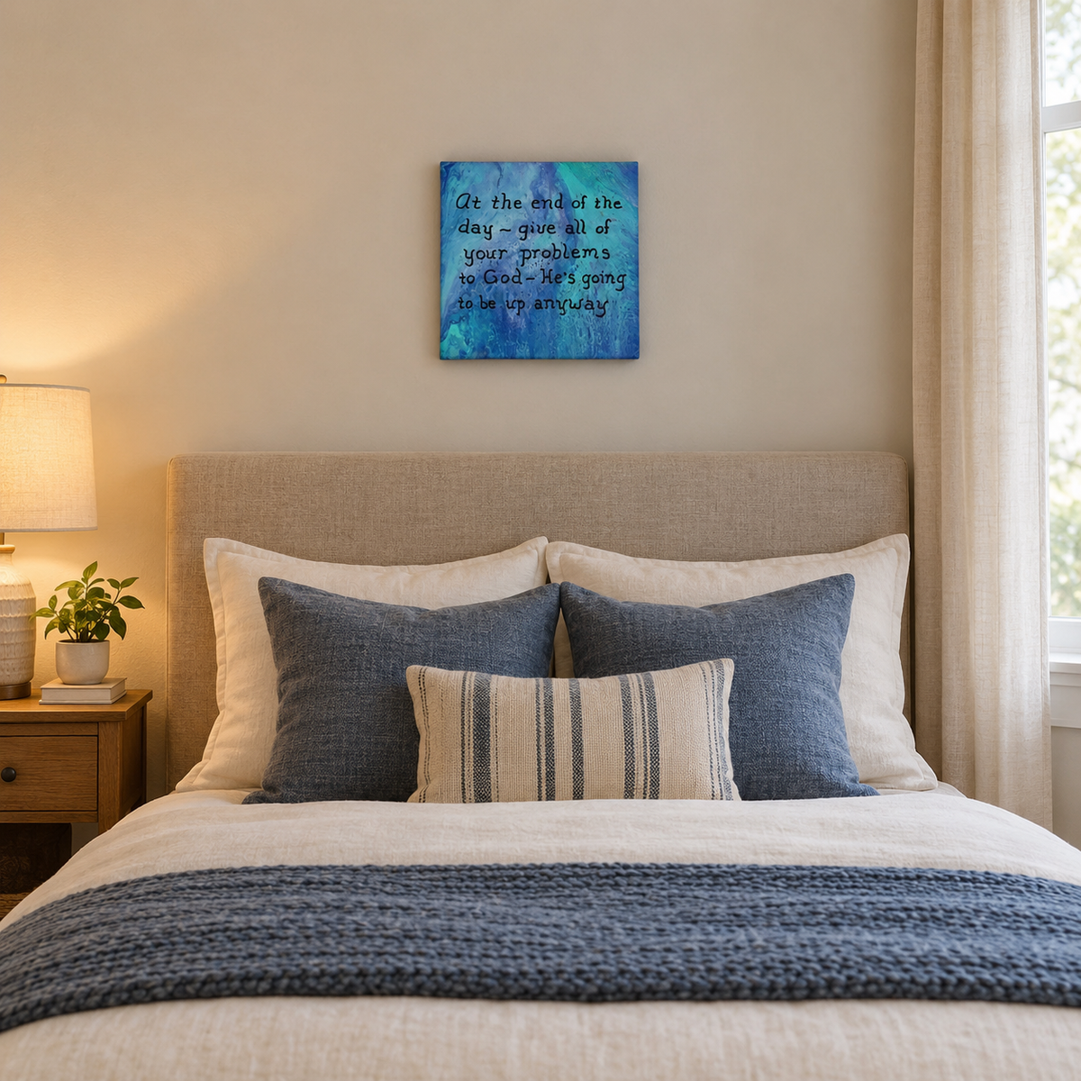 8x8" abstract acrylic painting in blues and purples, painted on all sides, inspirational quote, shown in a bedroom