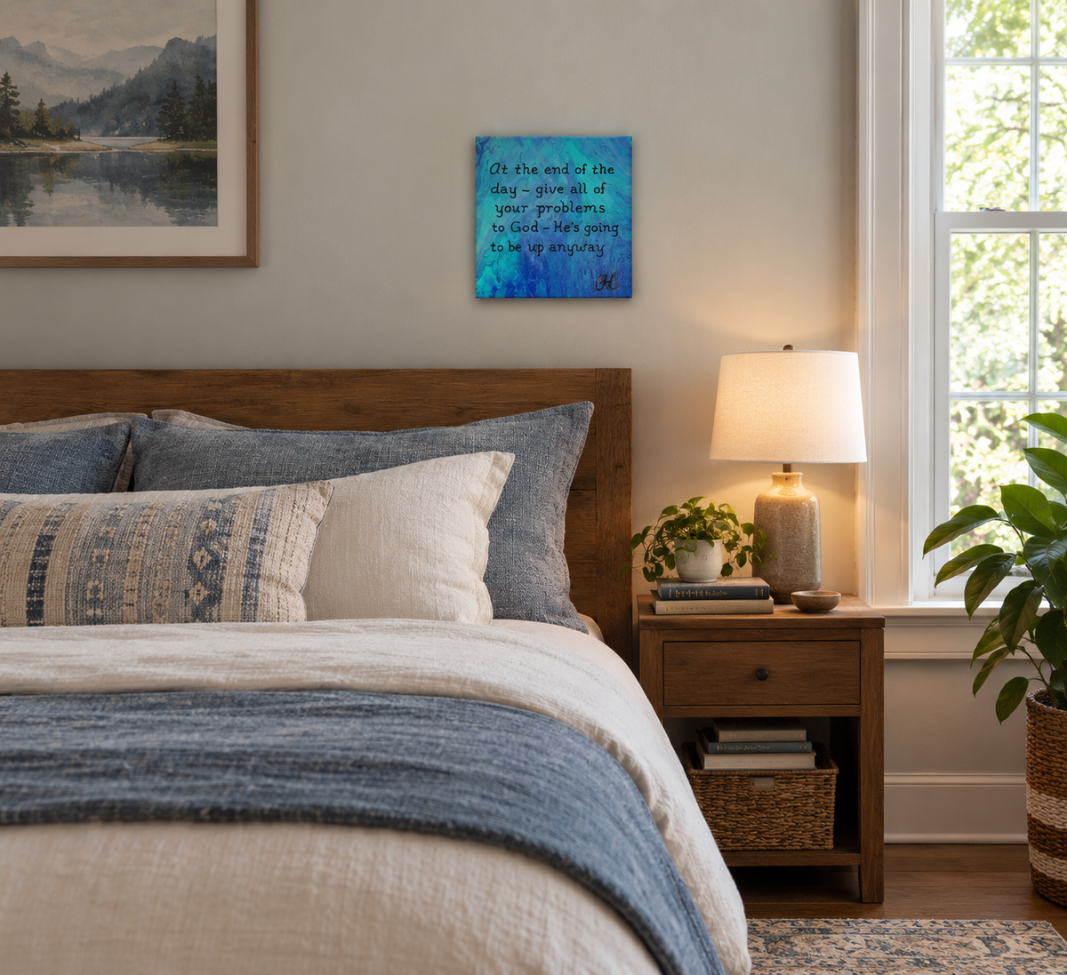 8x8" abstract acrylic painting in blues and purples, painted on all sides, inspirational quote, shown in a bedroom