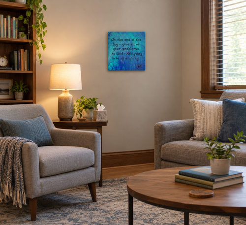 8x8" abstract acrylic painting in blues and purples, painted on all sides, inspirational quote, shown in a theraist's office