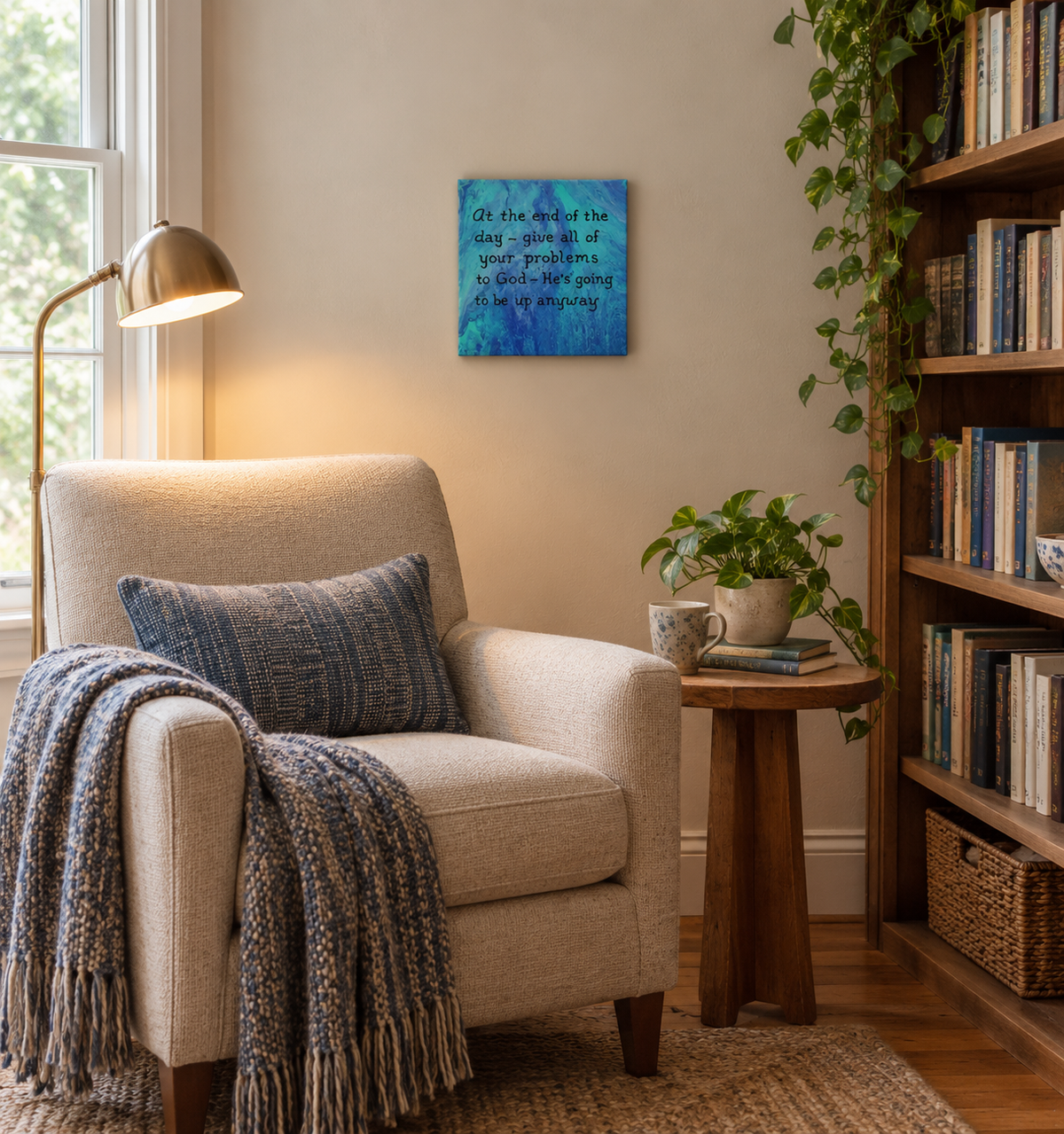 8x8" abstract acrylic painting in blues and purples, painted on all sides, inspirational quote, shown in a reading nook