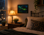 8x10" original oil painting of aurora borealis, reflected in lake, shown in a bedroom