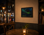 8x10" original oil painting of aurora borealis, reflected in lake, shown in a cafe at night
