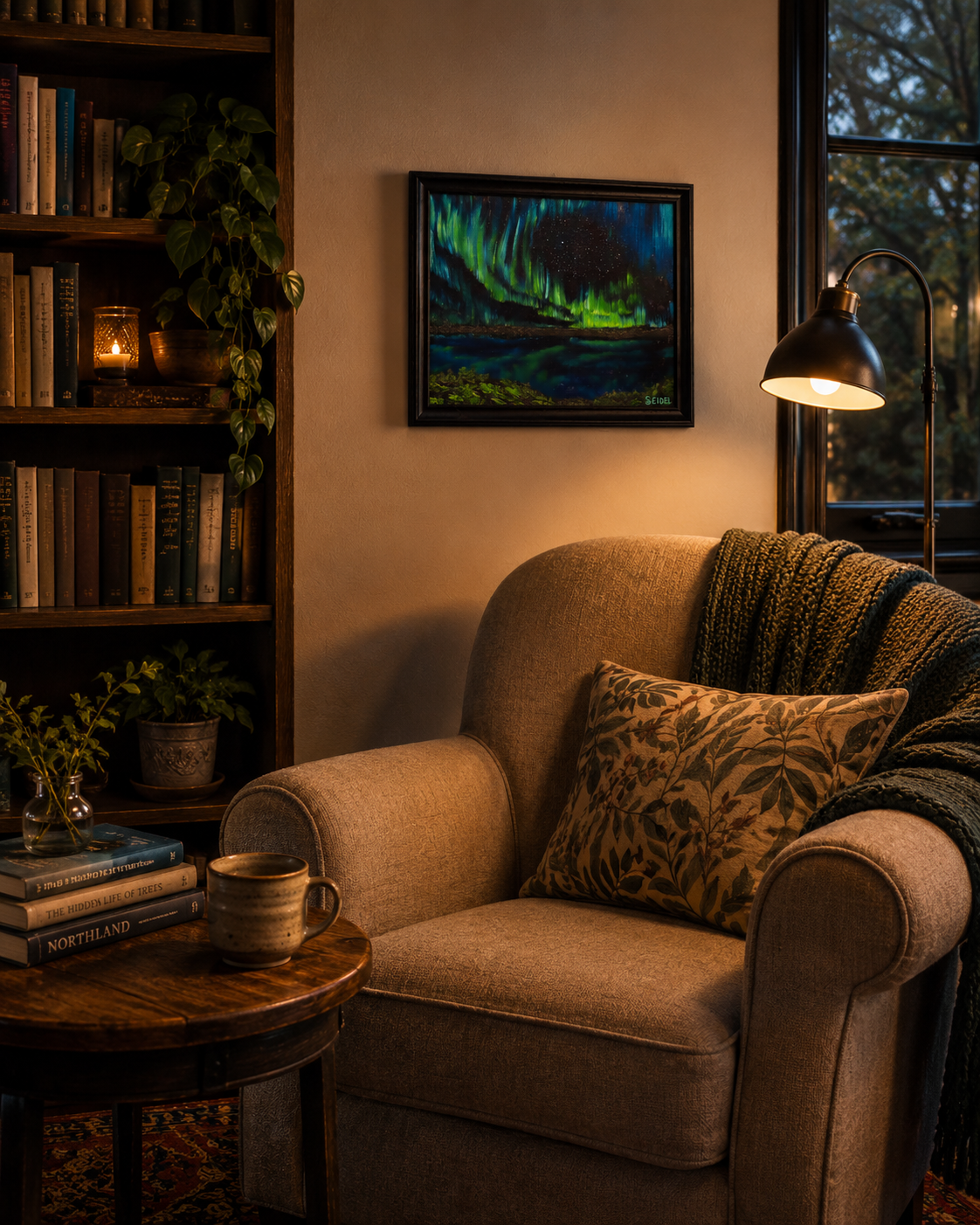 8x10" original oil painting of aurora borealis, reflected in lake, shown in a reading nook