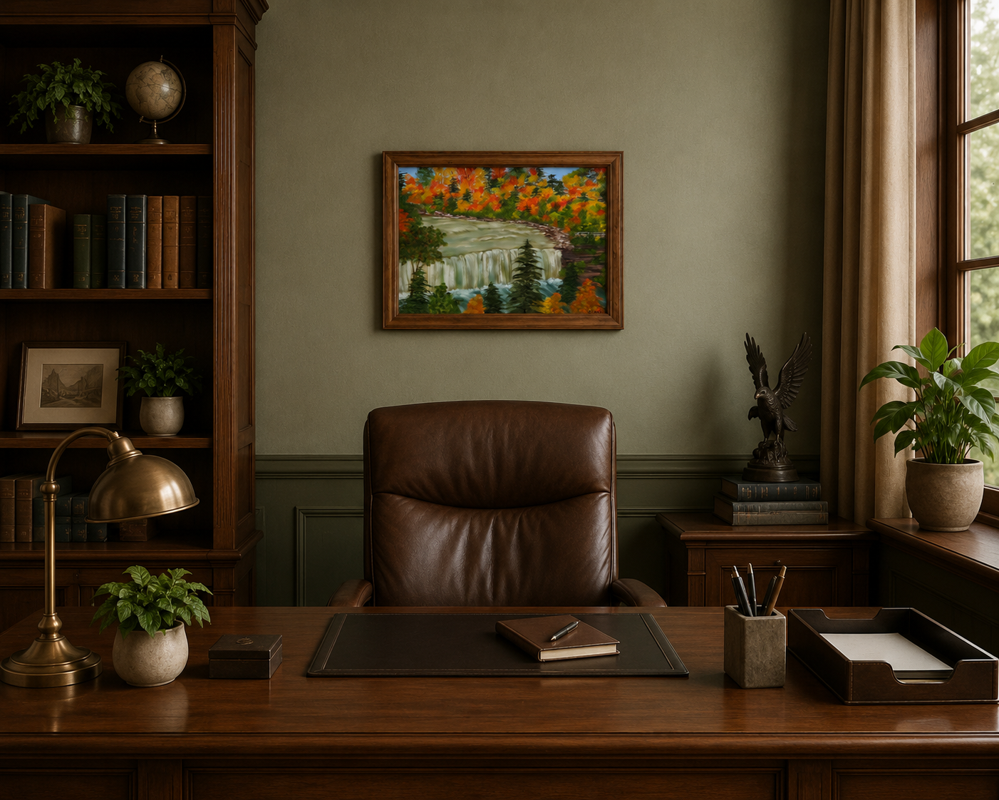original oil painting of bright fall colors, contrasting evergreens and waterfalls in walnut frame, displayed behind office desk
