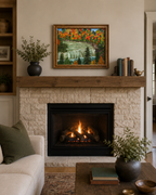 original oil painting of bright fall colors, contrasting evergreens and waterfalls in walnut frame, displayed over fireplace
