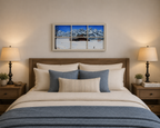Iconic John Moulton Barn in winter, snow and Teton mountains, original oil painting mounted behind window, over bed