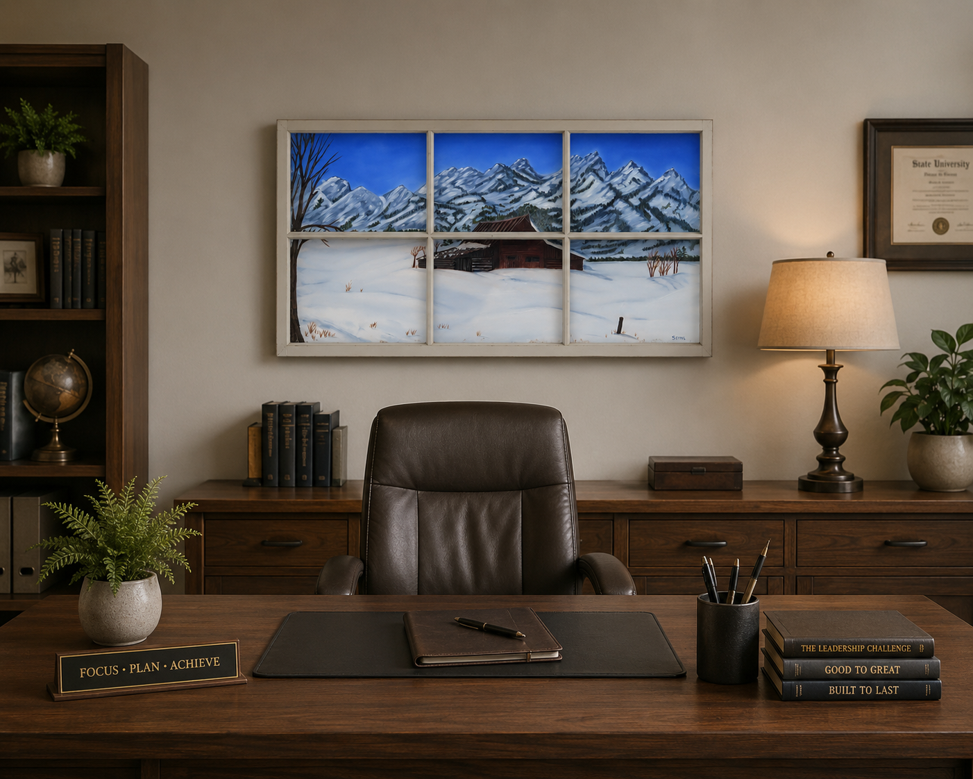 Iconic John Moulton Barn in winter, snow and Teton mountains, original oil painting mounted behind window behind desk