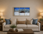 Iconic John Moulton Barn in winter, snow and Teton mountains, original oil painting mounted behind window, over sofa
