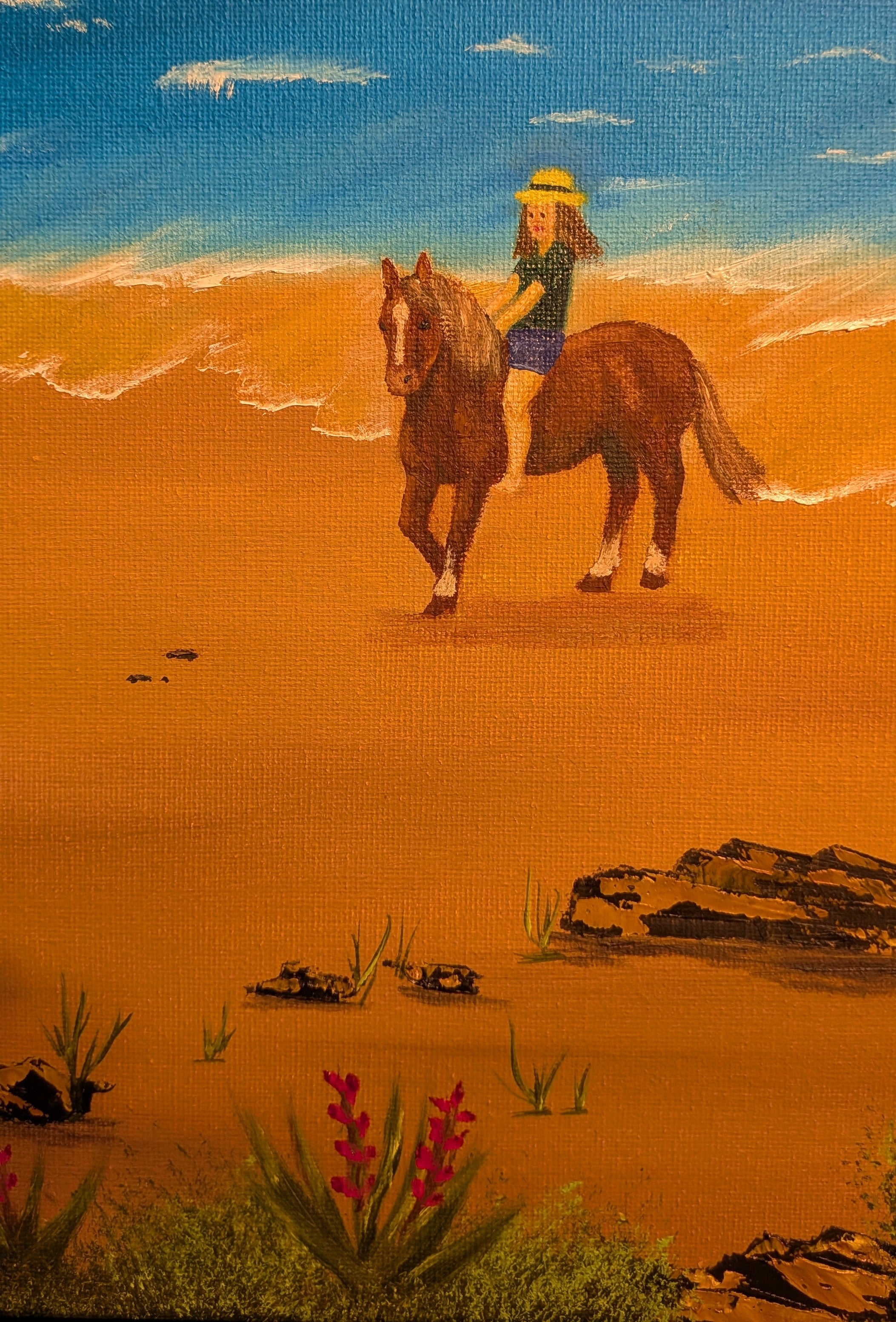 Original 16x20 oil painting of a horseback rider on a New Zealand beach, picturing a closeup of horse and rider.