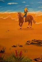 Original 16x20 oil painting of a horseback rider on a New Zealand beach, picturing a closeup of horse and rider.
