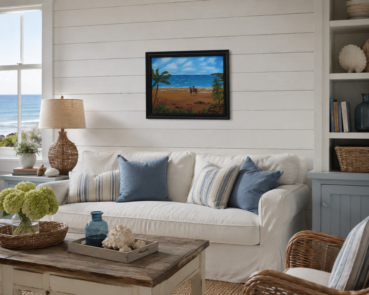 Original 16x20 oil painting of a horseback rider on a New Zealand beach, pictured in a seaside cottagre