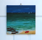 12x12" original acrylic painting, saiboats on ocean kayak on beach, storm has passed 