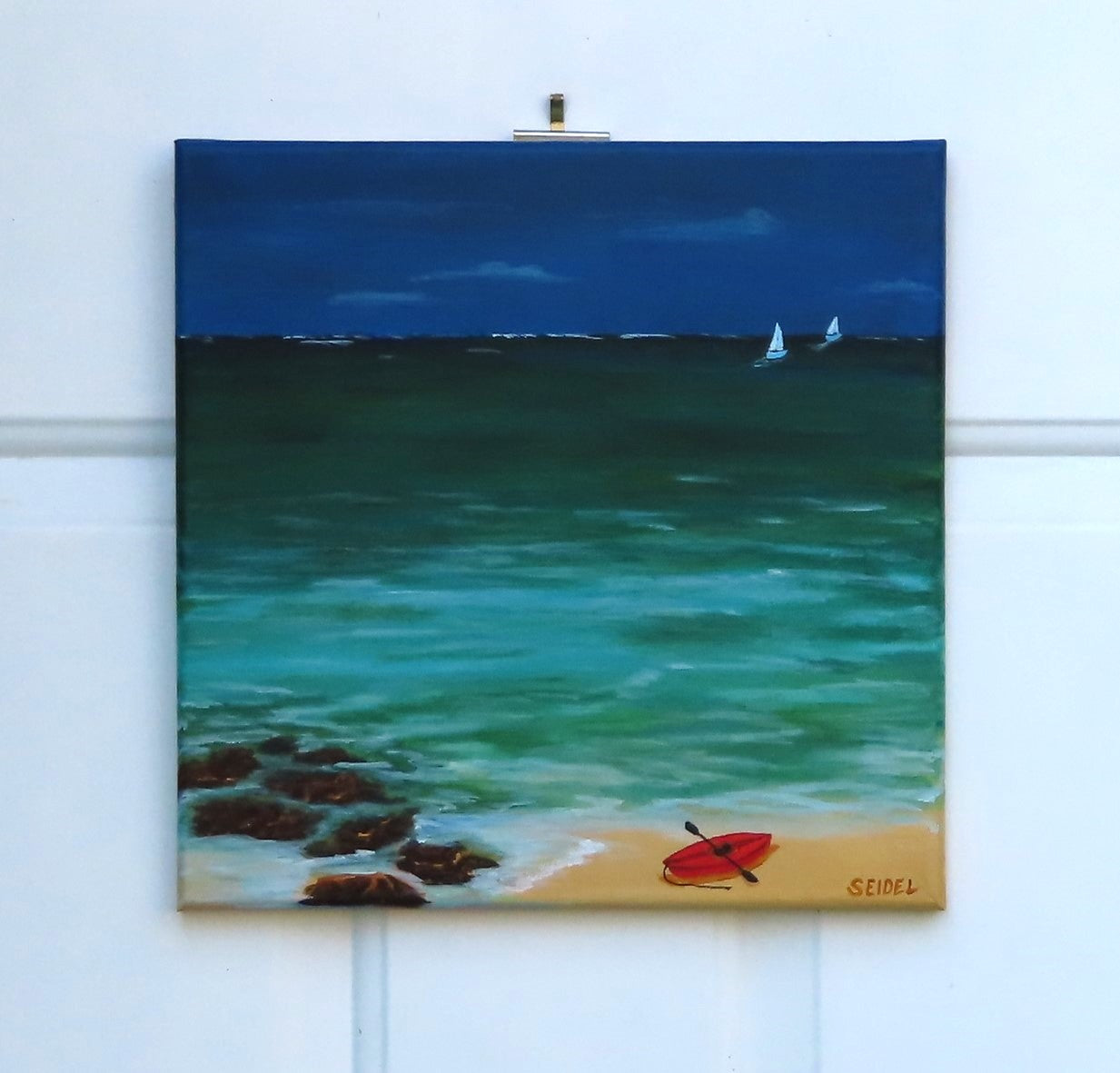12x12" original acrylic painting, saiboats on ocean kayak on beach, storm has passed 