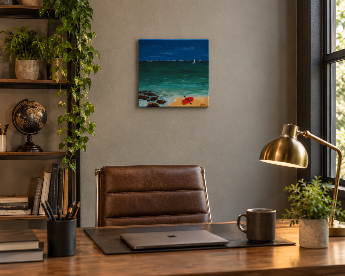 12x12" original acrylic painting, saiboats on ocean kayak on beach, storm has passed, displayed behind an office desk