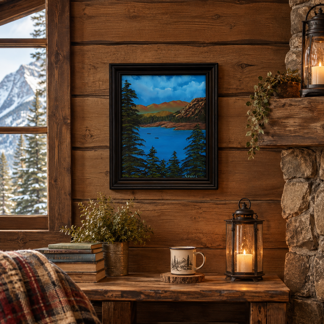 11x14" Original oil painting of Big Almaty Lake, evergreen trees, mountains, canoes, framed, shown in a mountain cabin 