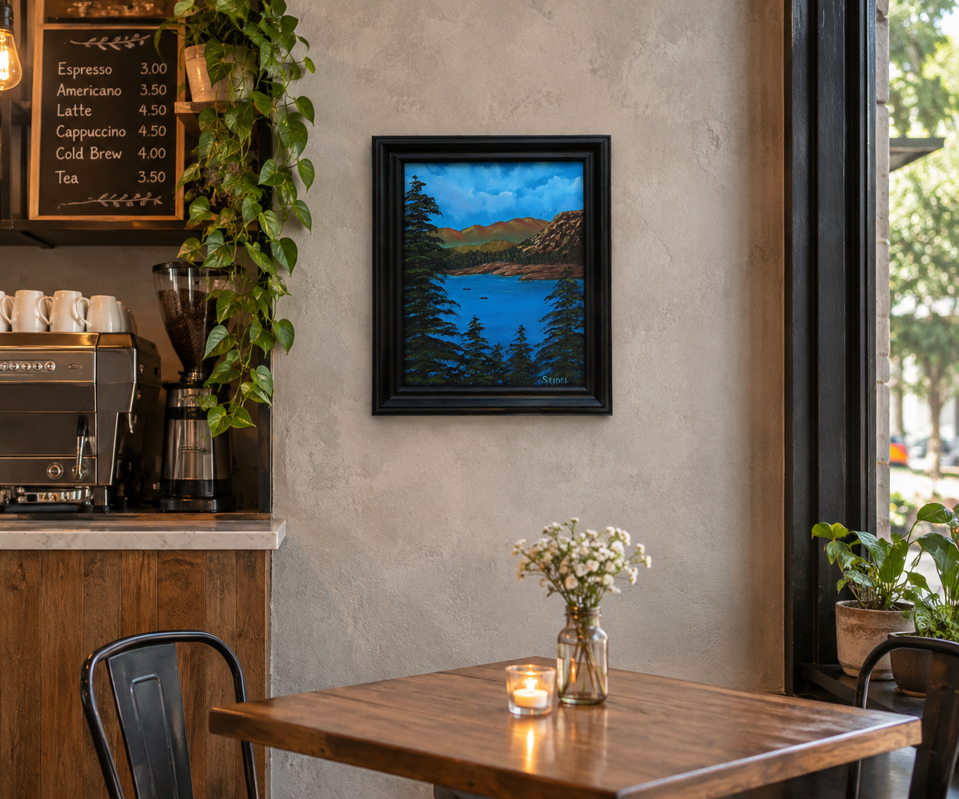 11x14" Original oil painting of Big Almaty Lake, evergreen trees, mountains, canoes, framed, shown in a cafe