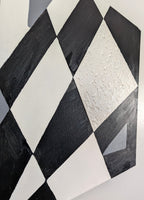 original acrylic painting meaures 12" tall x 24" wide, black and white abstract geometric forms with some coarsely textured shapes