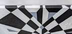 original acrylic painting meaures 12" tall x 24" wide, black and white abstract geometric forms with some coarsely textured shapes showing top edge