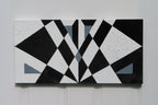 original acrylic painting meaures 12" tall x 24" wide, black and white abstract geometric forms with some coarsely textured shapes