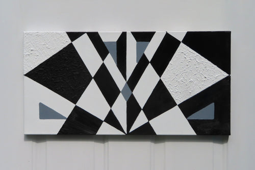 original acrylic painting meaures 12" tall x 24" wide, black and white abstract geometric forms with some coarsely textured shapes