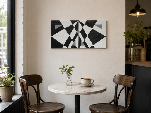 original acrylic painting meaures 12" tall x 24" wide, black and white abstract geometric forms with some coarsely textured shapes over cafe table