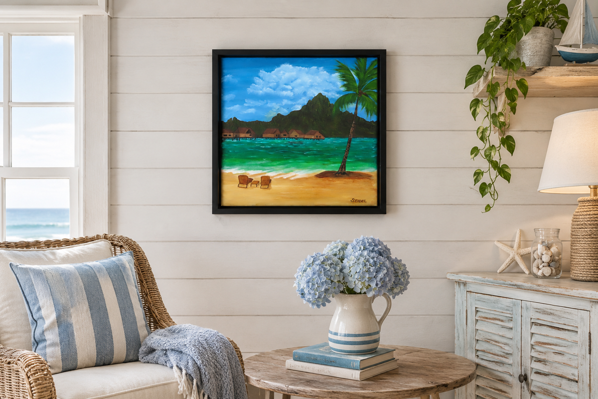 original 12x12" oil painting of Bora Bora with iconic mountain view from beach, framed, shown in a seaside cottage