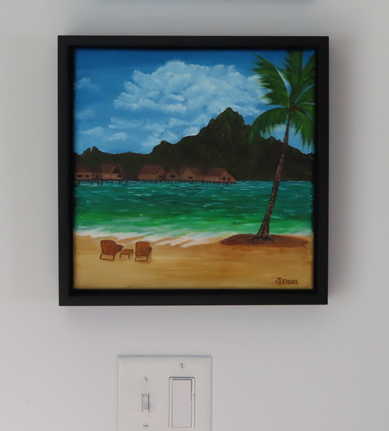 original oil painting of Bora Bora with iconic mountain view from beach, framed