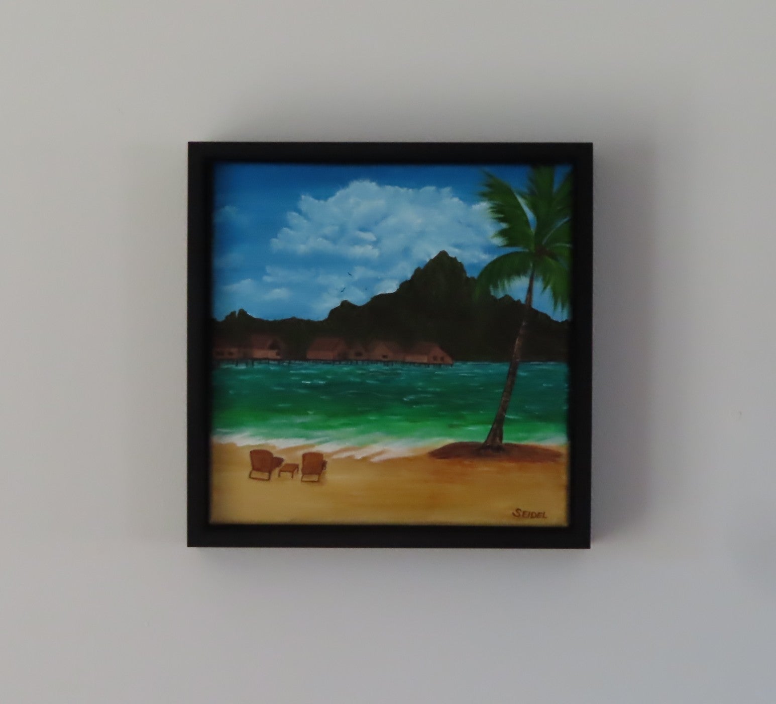 original oil painting of Bora Bora with iconic mountain view from beach, framed