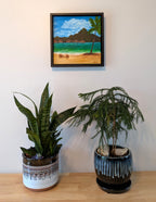 original oil painting of Bora Bora with iconic mountain view from beach, framed, displayed on wall over table