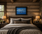 Original oil painting of Humpback whale breaches in front of misty mountains, framed, bed
